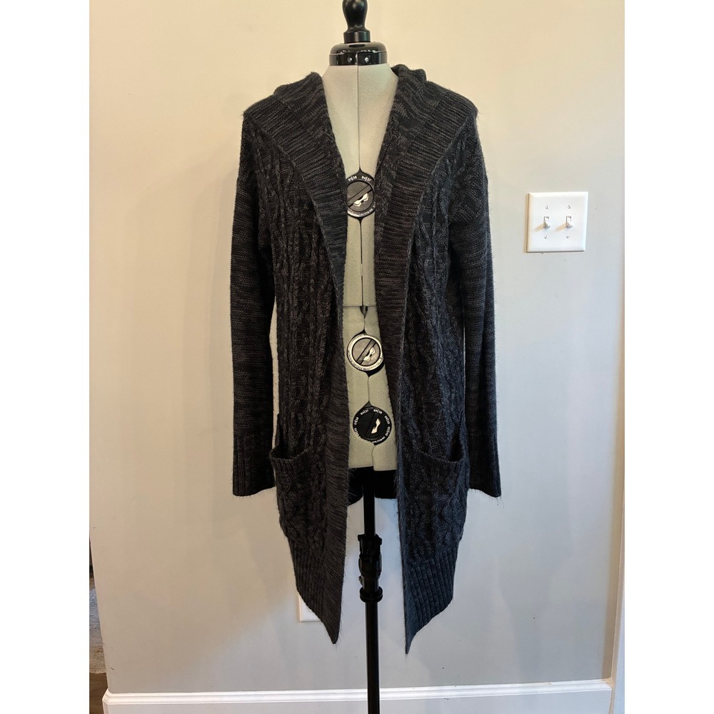 Merona Womens Medium Charcoal Gray Cable Knit Hooded Open Front Cardigan Sweater